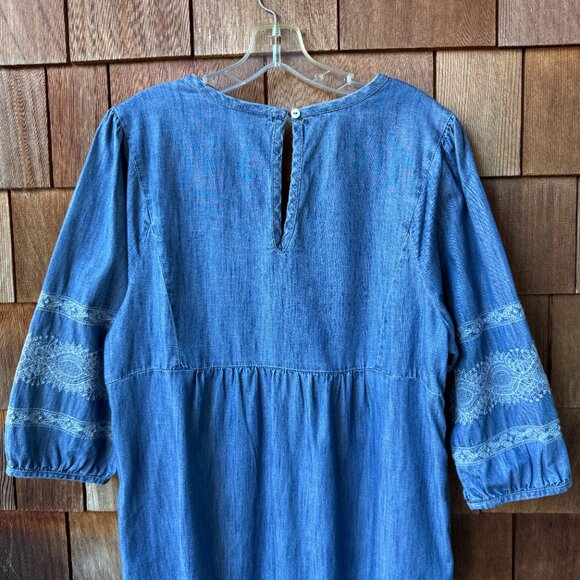 J Jill Denim Blue Boho Embroidered Dress Shift 3/4 Sleeve V-Neck - Petite Large - Picture 7 of 13